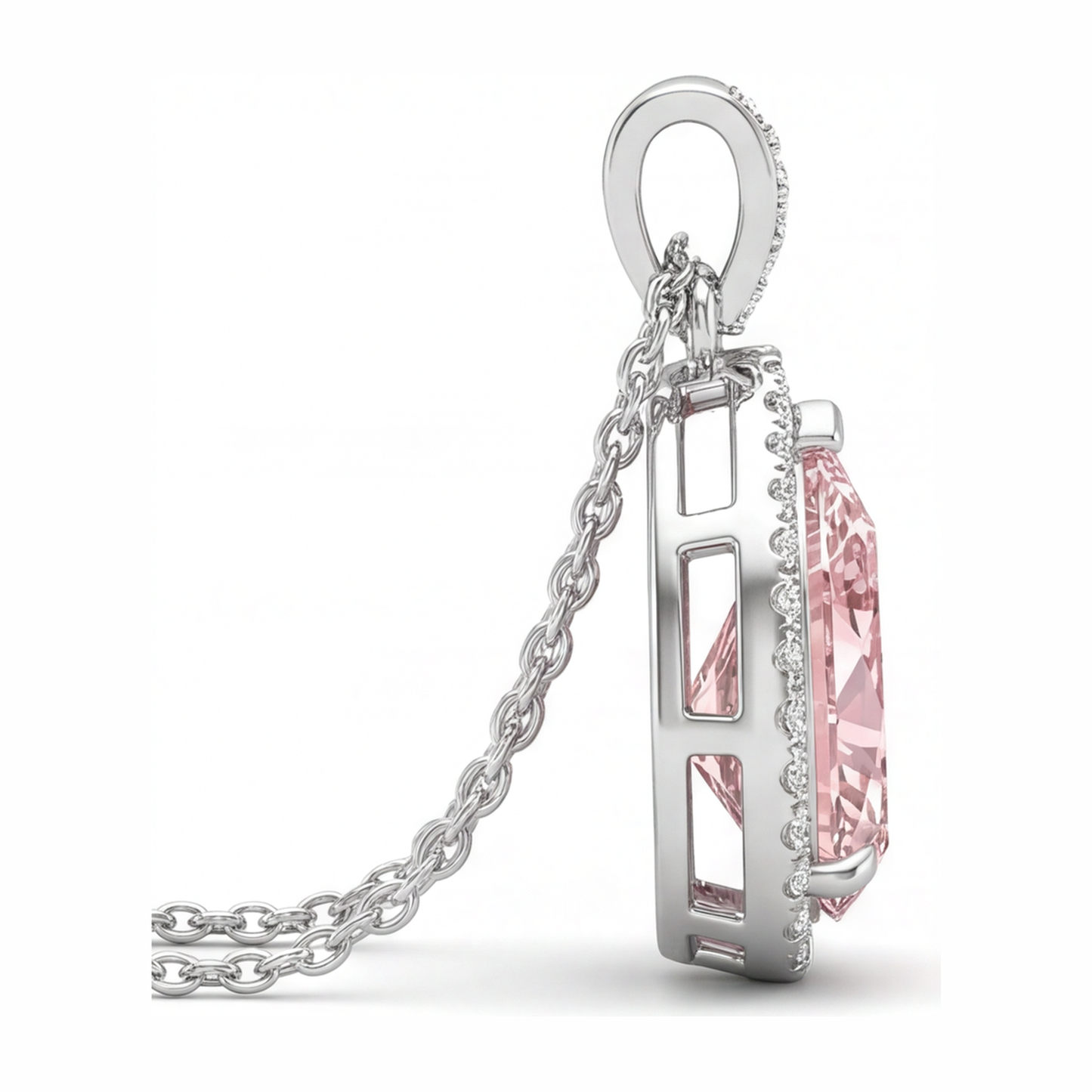 6 Carat Pear Pink Lab Grown Diamond and White Diamond Halo Pendant 14K White Gold