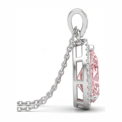 6 Carat Pear Pink Lab Grown Diamond and White Diamond Halo Pendant 14K White Gold