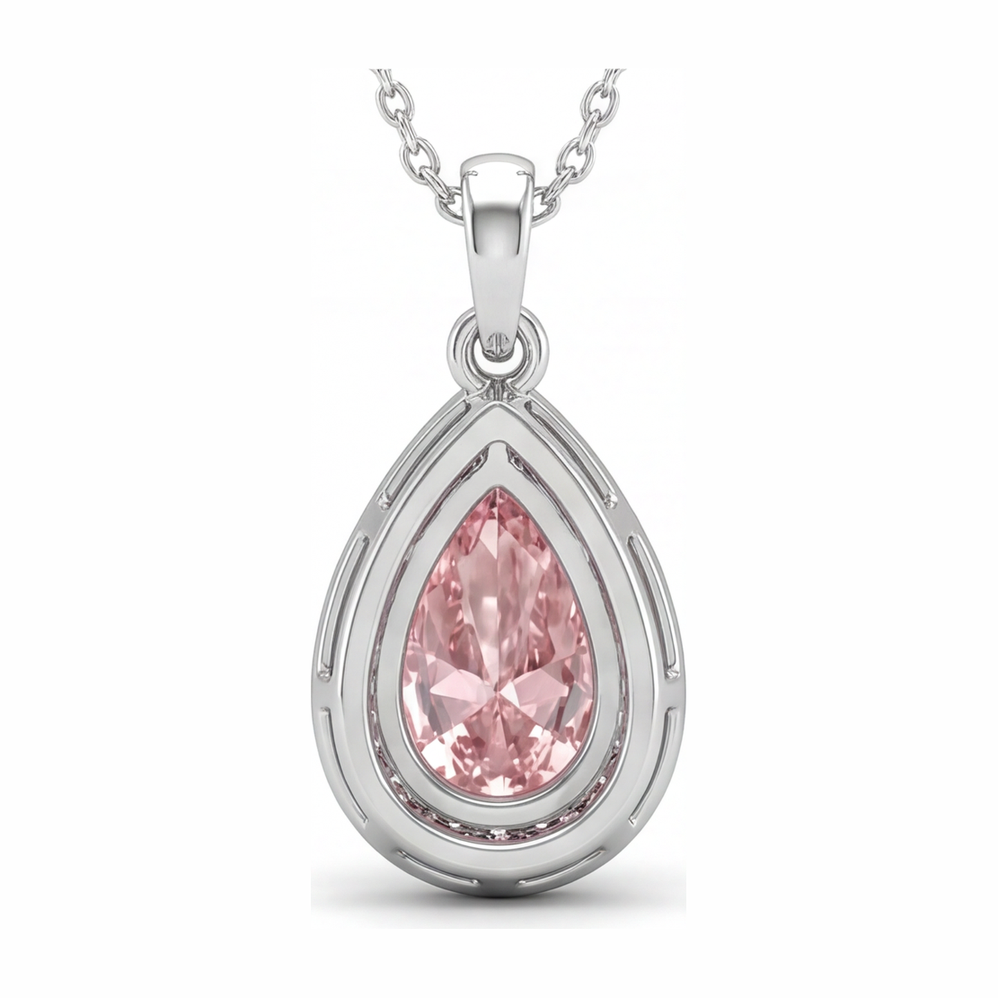6 Carat Pear Pink Lab Grown Diamond and White Diamond Halo Pendant 14K White Gold