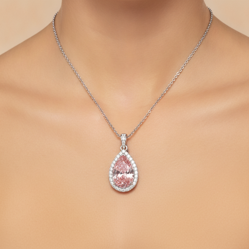6 Carat Pear Pink Lab Grown Diamond and White Diamond Halo Pendant 14K White Gold worn