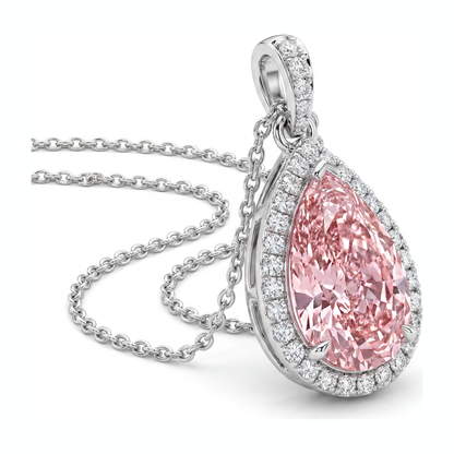 6 Carat Pear Pink Lab Grown Diamond and White Diamond Halo Pendant 14K White Gold