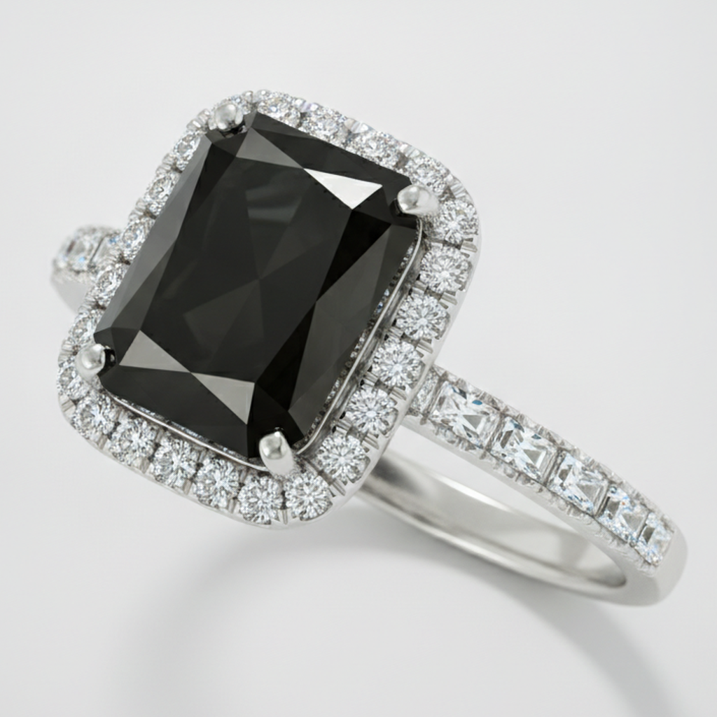 6 Carat Radiant Black Diamond and White Diamond Halo Ring Natural 14K White Gold