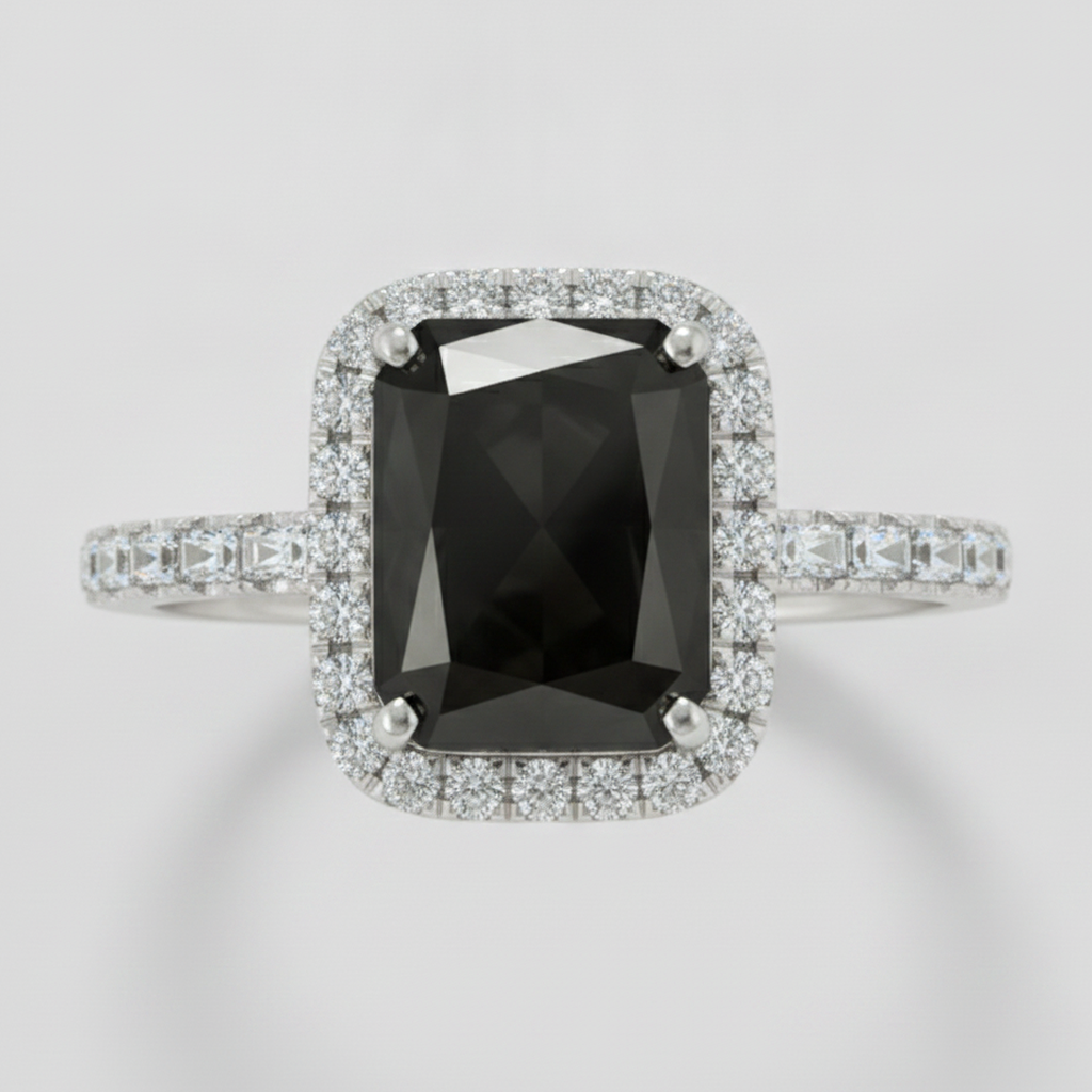 6 Carat Radiant Black Diamond and White Diamond Halo Ring Natural 14K White Gold