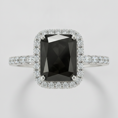 6 Carat Radiant Black Diamond and White Diamond Halo Ring Natural 14K White Gold