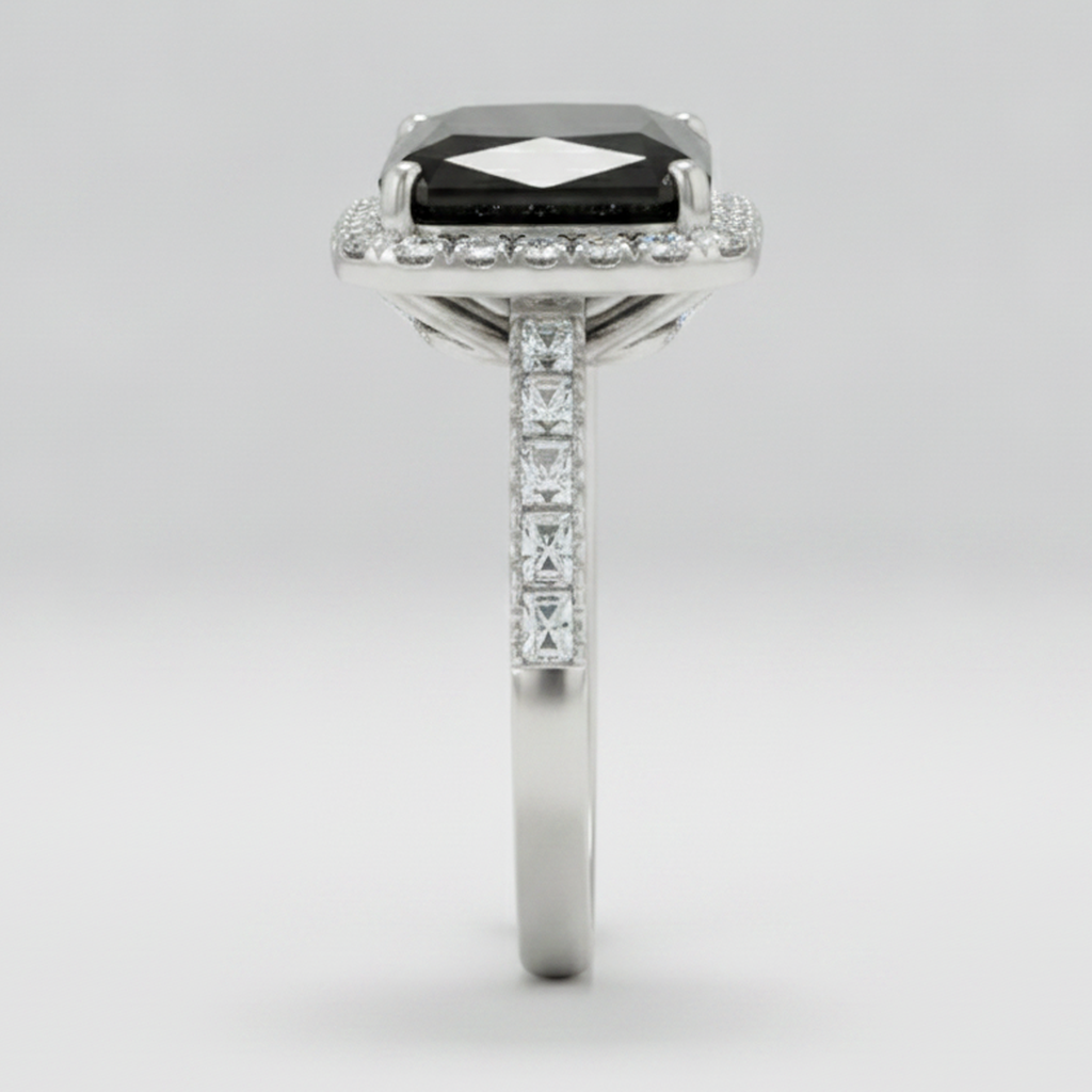 6 Carat Radiant Black Diamond and White Diamond Halo Ring Natural 14K White Gold