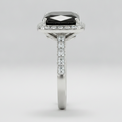6 Carat Radiant Black Diamond and White Diamond Halo Ring Natural 14K White Gold