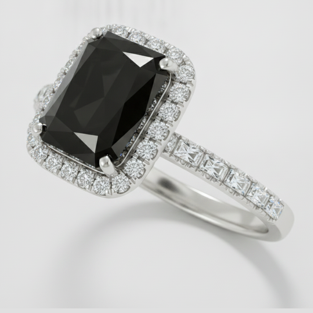 6 Carat Radiant Black Diamond and White Diamond Halo Ring Natural 14K White Gold