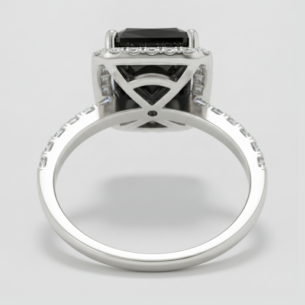 6 Carat Radiant Black Diamond and White Diamond Halo Ring Natural 14K White Gold