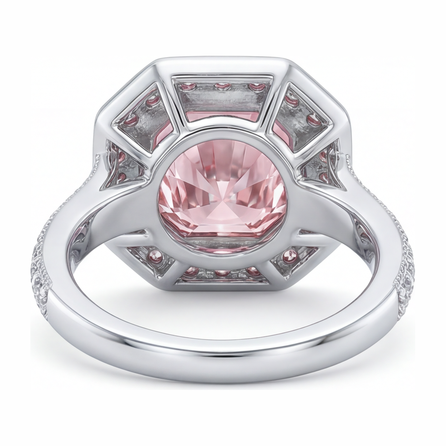 6 Carat Radiant Pink Lab Grown Diamond and White Diamond Halo Ring 14K White Gold