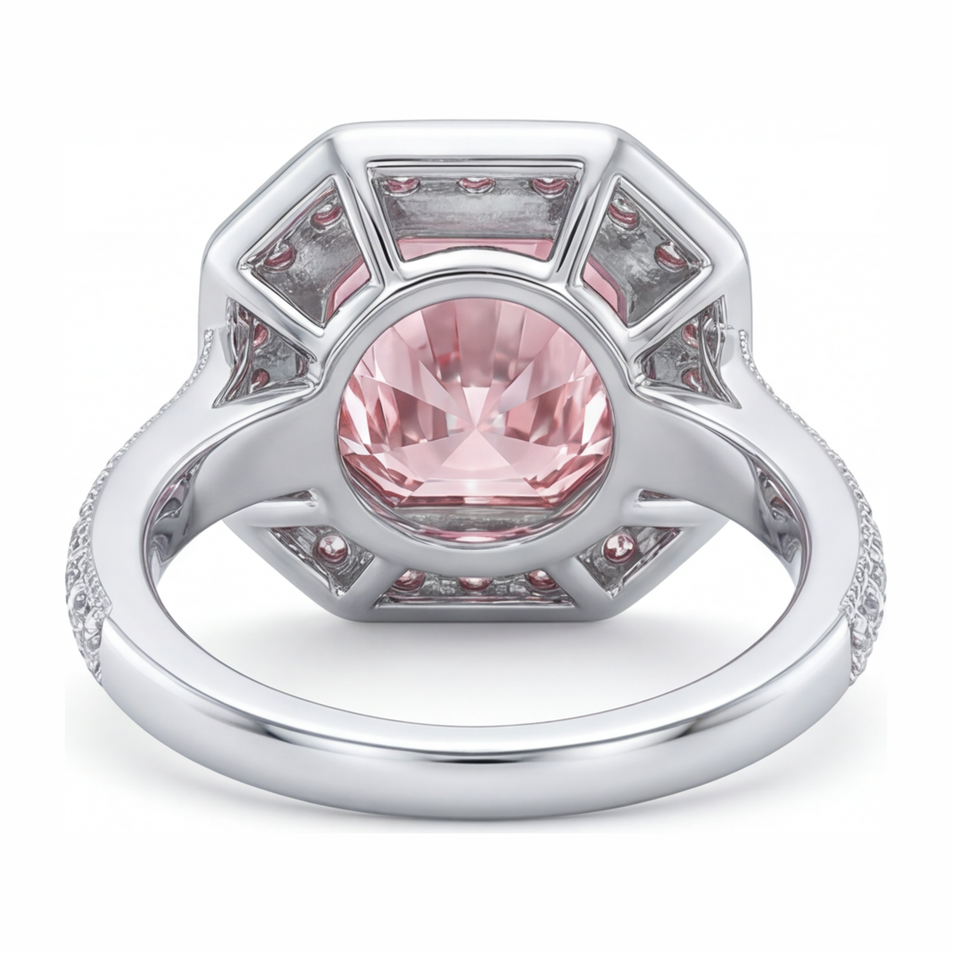 6 Carat Radiant Pink Lab Grown Diamond and White Diamond Halo Ring 14K White Gold