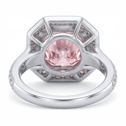 6 Carat Radiant Pink Lab Grown Diamond and White Diamond Halo Ring 14K White Gold