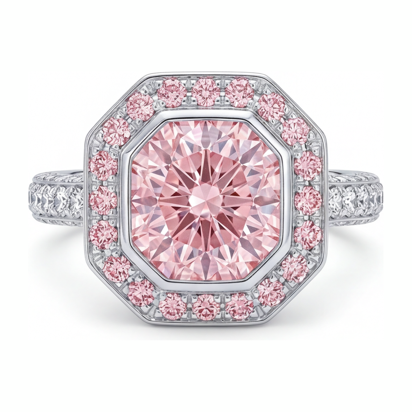 6 Carat Radiant Pink Lab Grown Diamond and White Diamond Halo Ring 14K White Gold