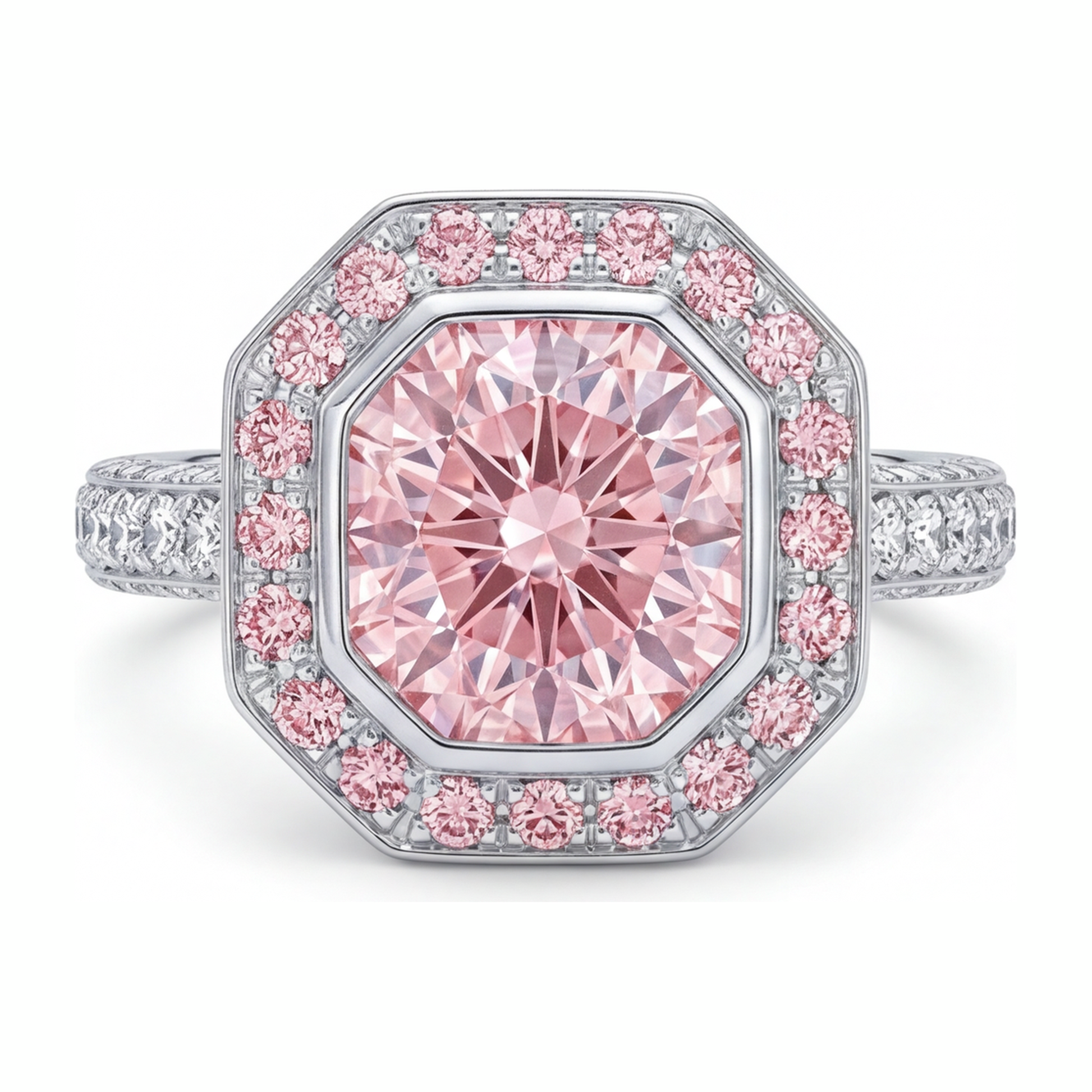 6 Carat Radiant Pink Lab Grown Diamond and White Diamond Halo Ring 14K White Gold