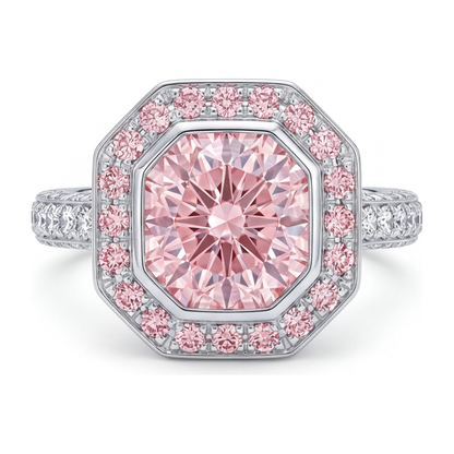 6 Carat Radiant Pink Lab Grown Diamond and White Diamond Halo Ring 14K White Gold