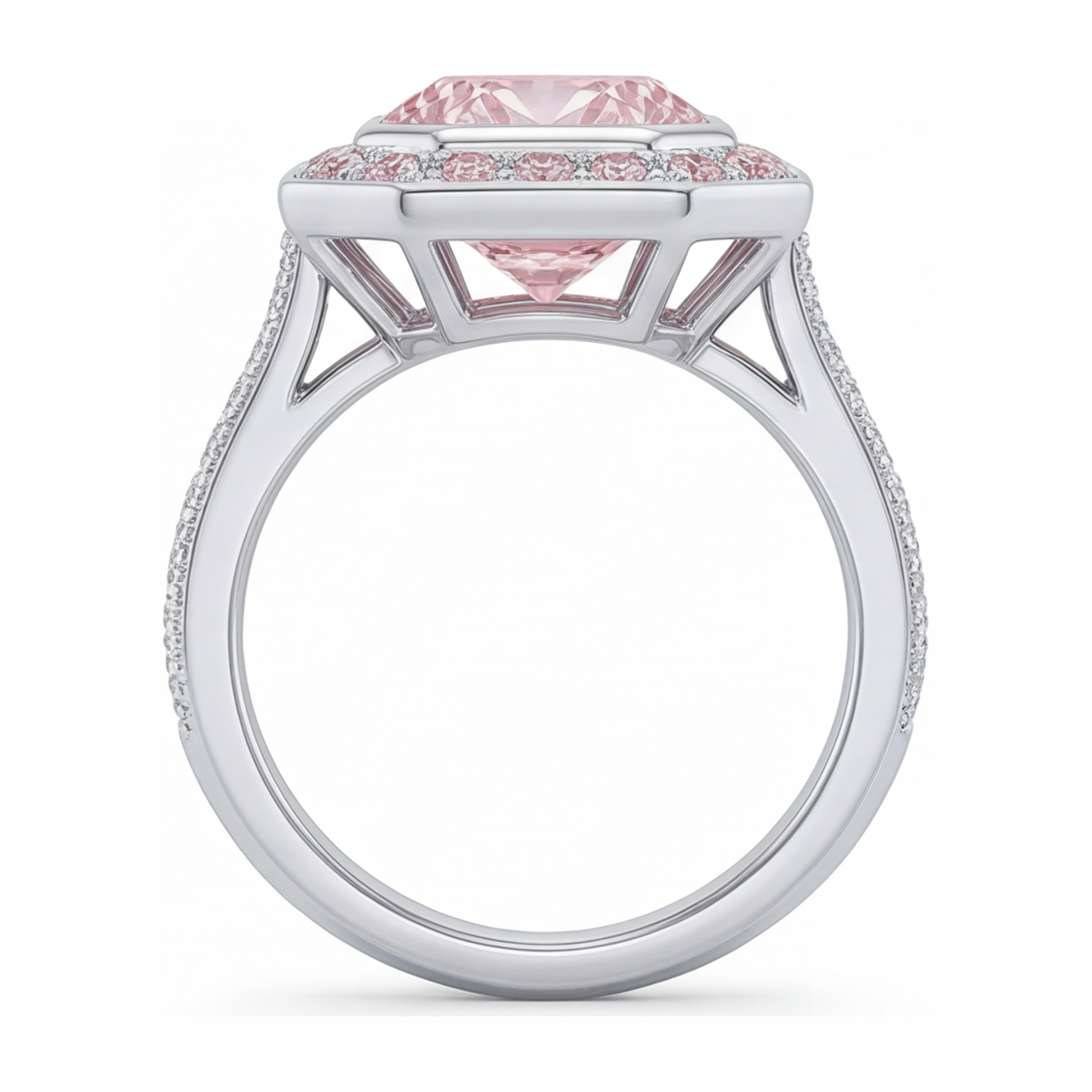 6 Carat Radiant Pink Lab Grown Diamond and White Diamond Halo Ring 14K White Gold