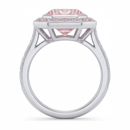 6 Carat Radiant Pink Lab Grown Diamond and White Diamond Halo Ring 14K White Gold