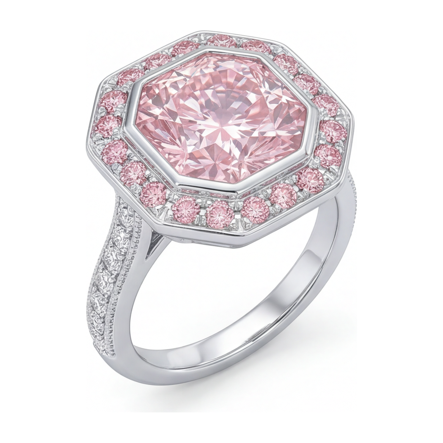 6 Carat Radiant Pink Lab Grown Diamond and White Diamond Halo Ring 14K White Gold