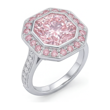 6 Carat Radiant Pink Lab Grown Diamond and White Diamond Halo Ring 14K White Gold