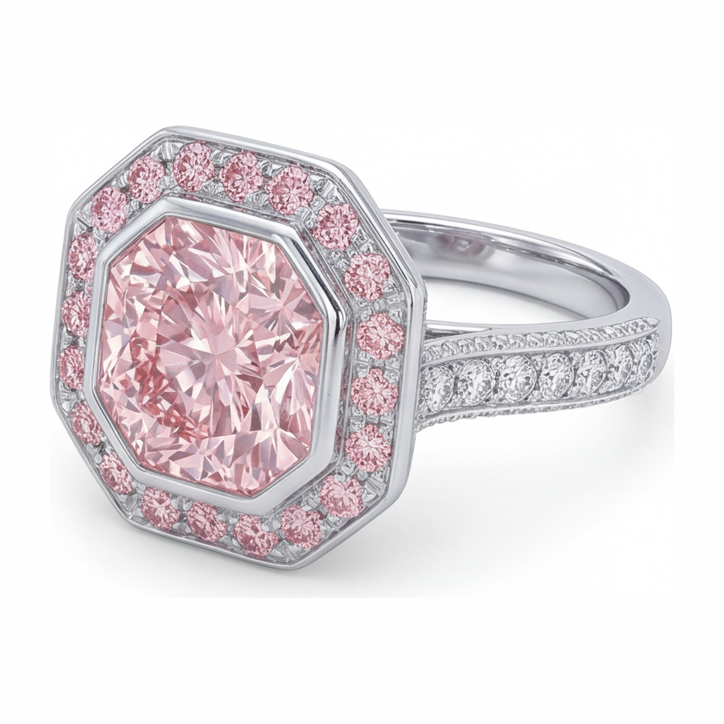 6 Carat Radiant Pink Lab Grown Diamond and White Diamond Halo Ring 14K White Gold
