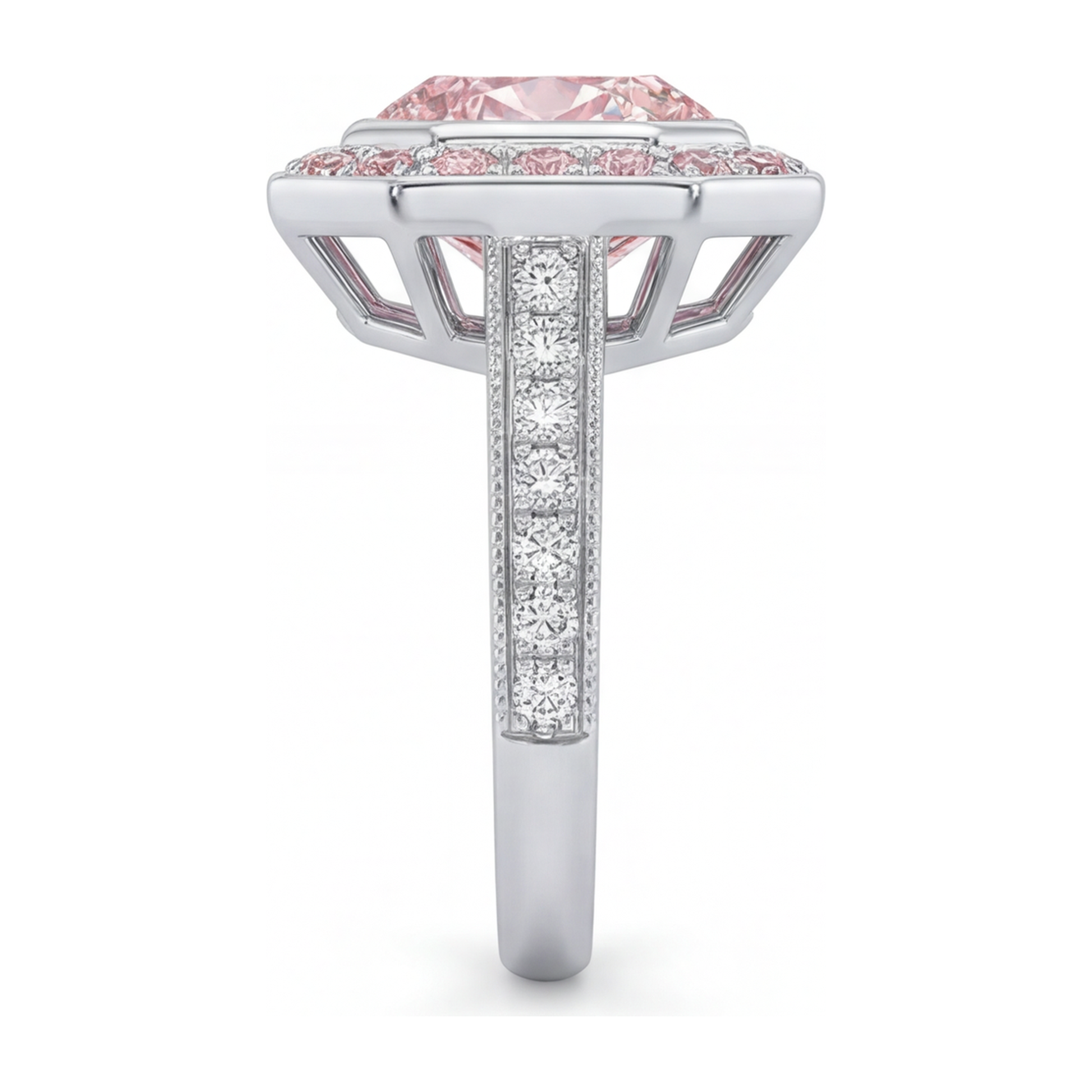 6 Carat Radiant Pink Lab Grown Diamond and White Diamond Halo Ring 14K White Gold