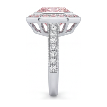 6 Carat Radiant Pink Lab Grown Diamond and White Diamond Halo Ring 14K White Gold