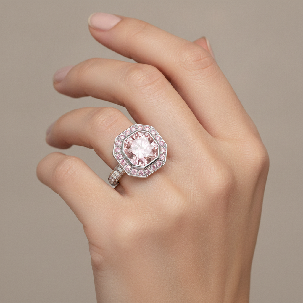 6 Carat Radiant Pink Lab Grown Diamond and White Diamond Halo Ring 14K White Gold worn
