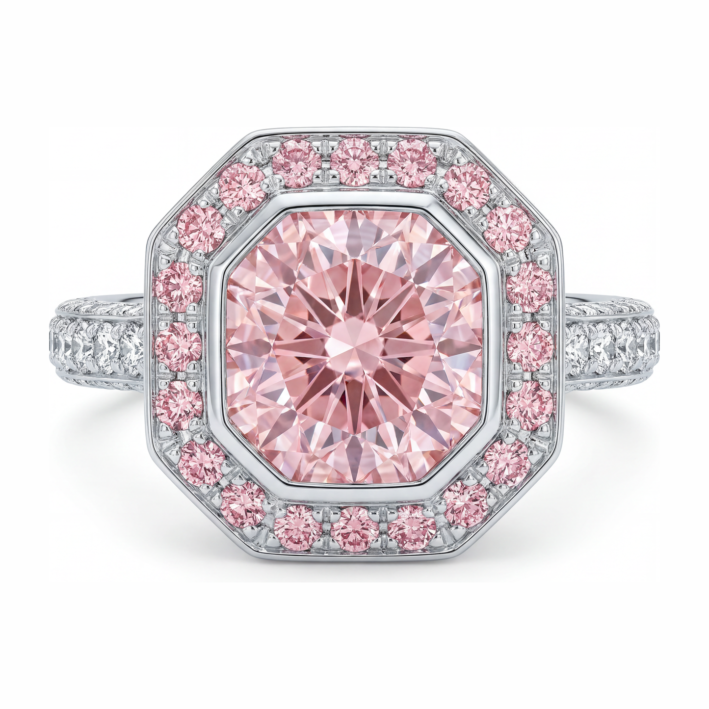 6 Carat Radiant Pink Lab Grown Diamond and White Diamond Halo Ring 14K White Gold