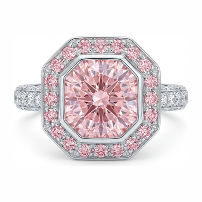6 Carat Radiant Pink Lab Grown Diamond and White Diamond Halo Ring 14K White Gold
