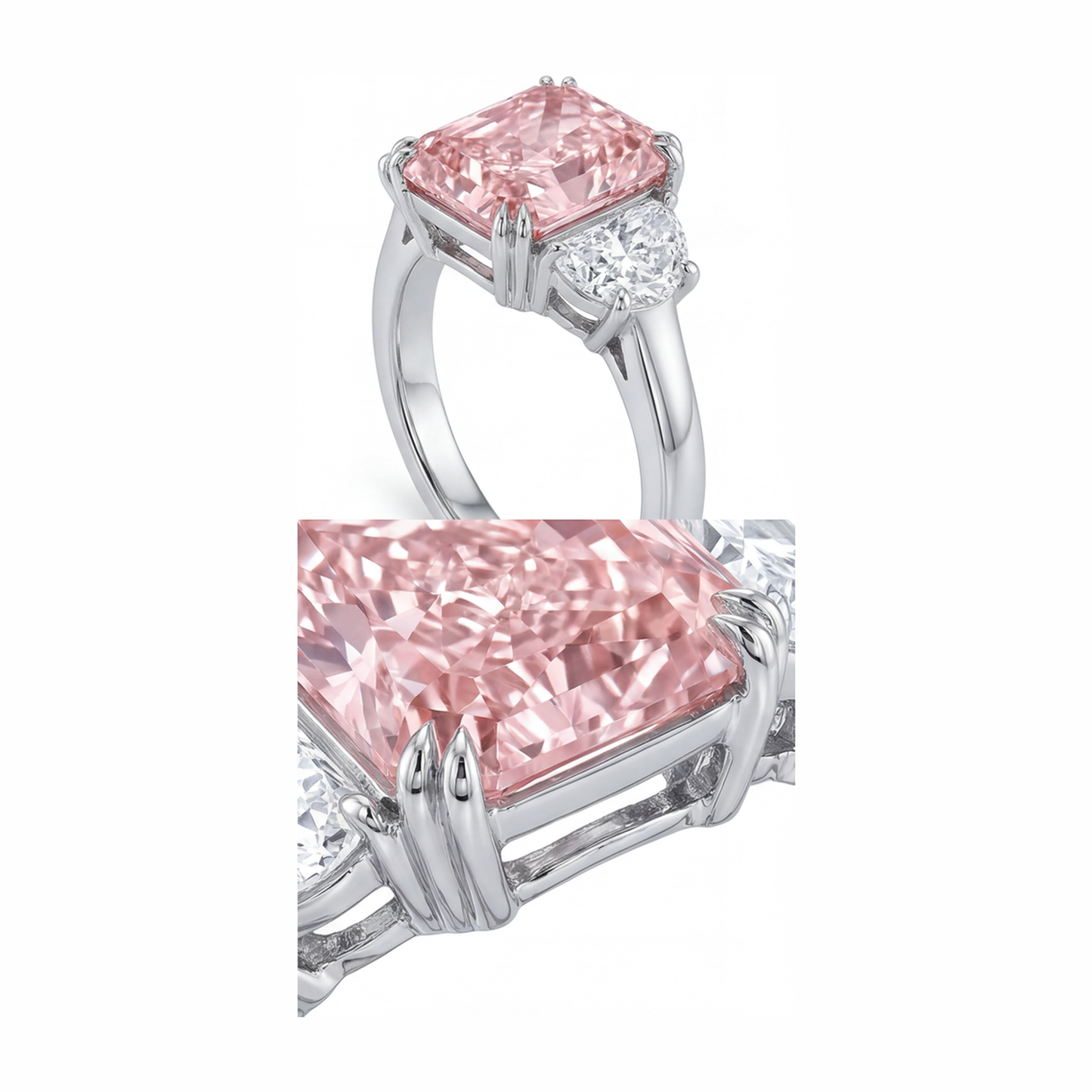 6 Carat Radiant Pink Lab Grown Diamond and White Diamond Three Stone Ring 14K White Gold