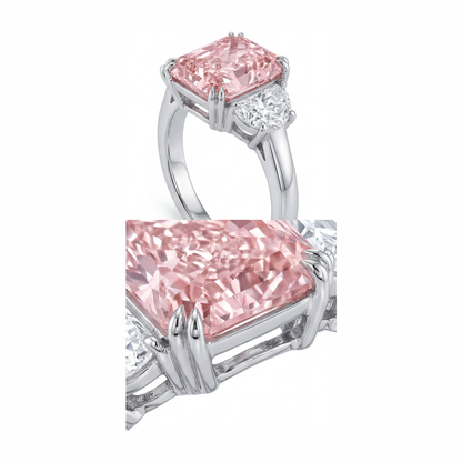 6 Carat Radiant Pink Lab Grown Diamond and White Diamond Three Stone Ring 14K White Gold
