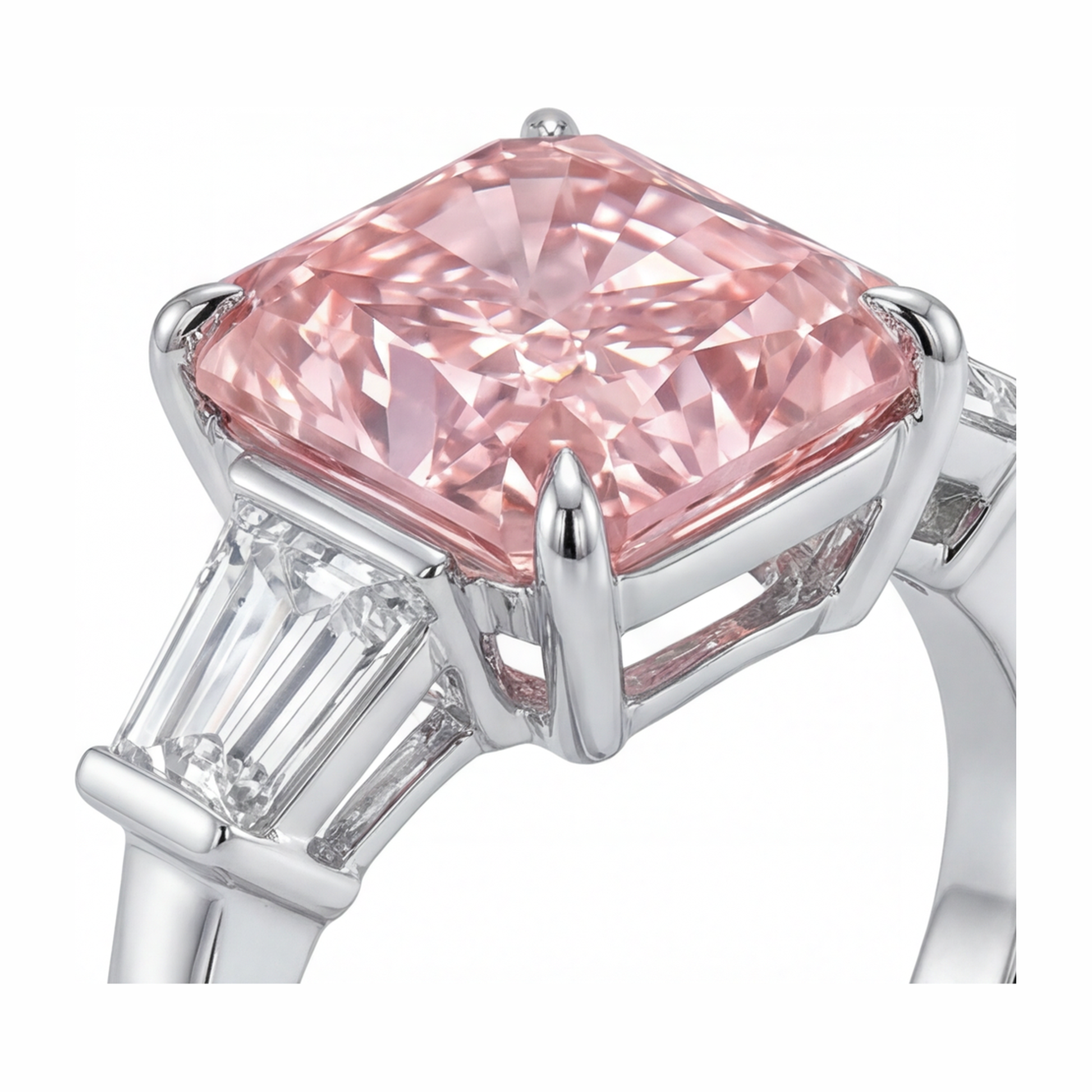 6 Carat Radiant Pink Lab Grown Diamond and White Diamond Three Stone Ring 14K White Gold