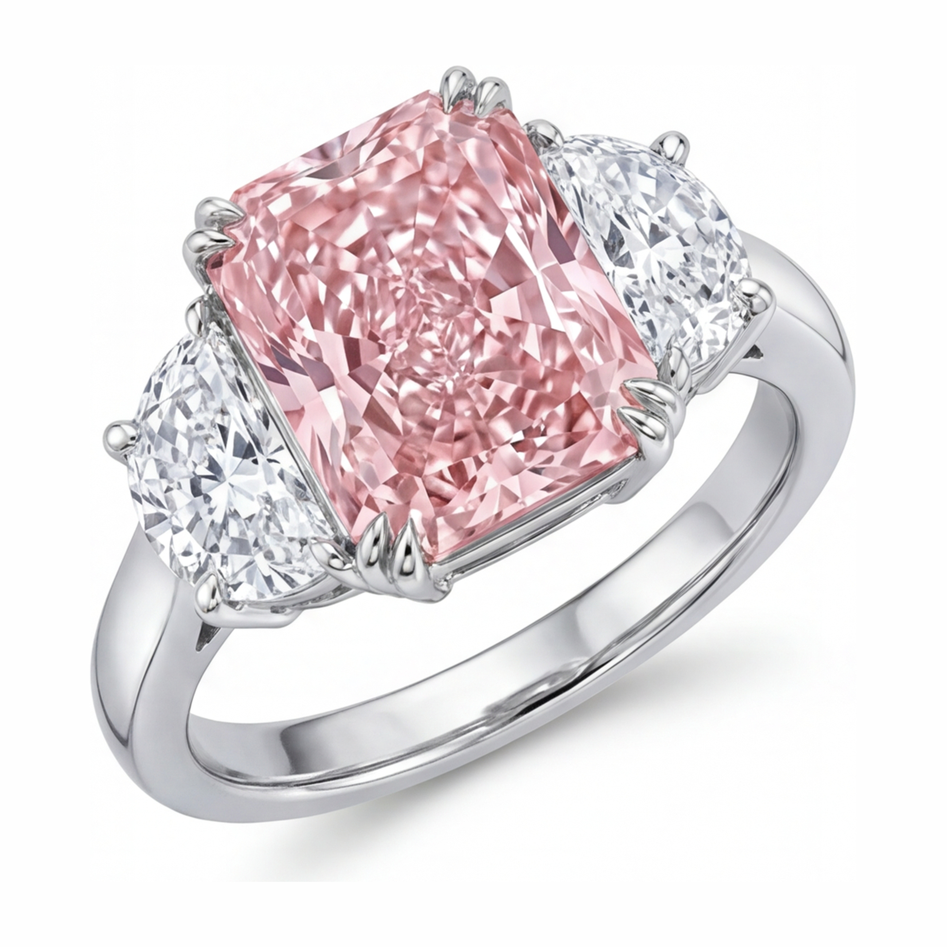 6 Carat Radiant Pink Lab Grown Diamond and White Diamond Three Stone Ring 14K White Gold