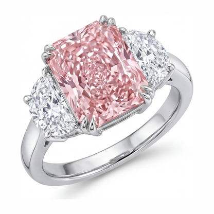 6 Carat Radiant Pink Lab Grown Diamond and White Diamond Three Stone Ring 14K White Gold
