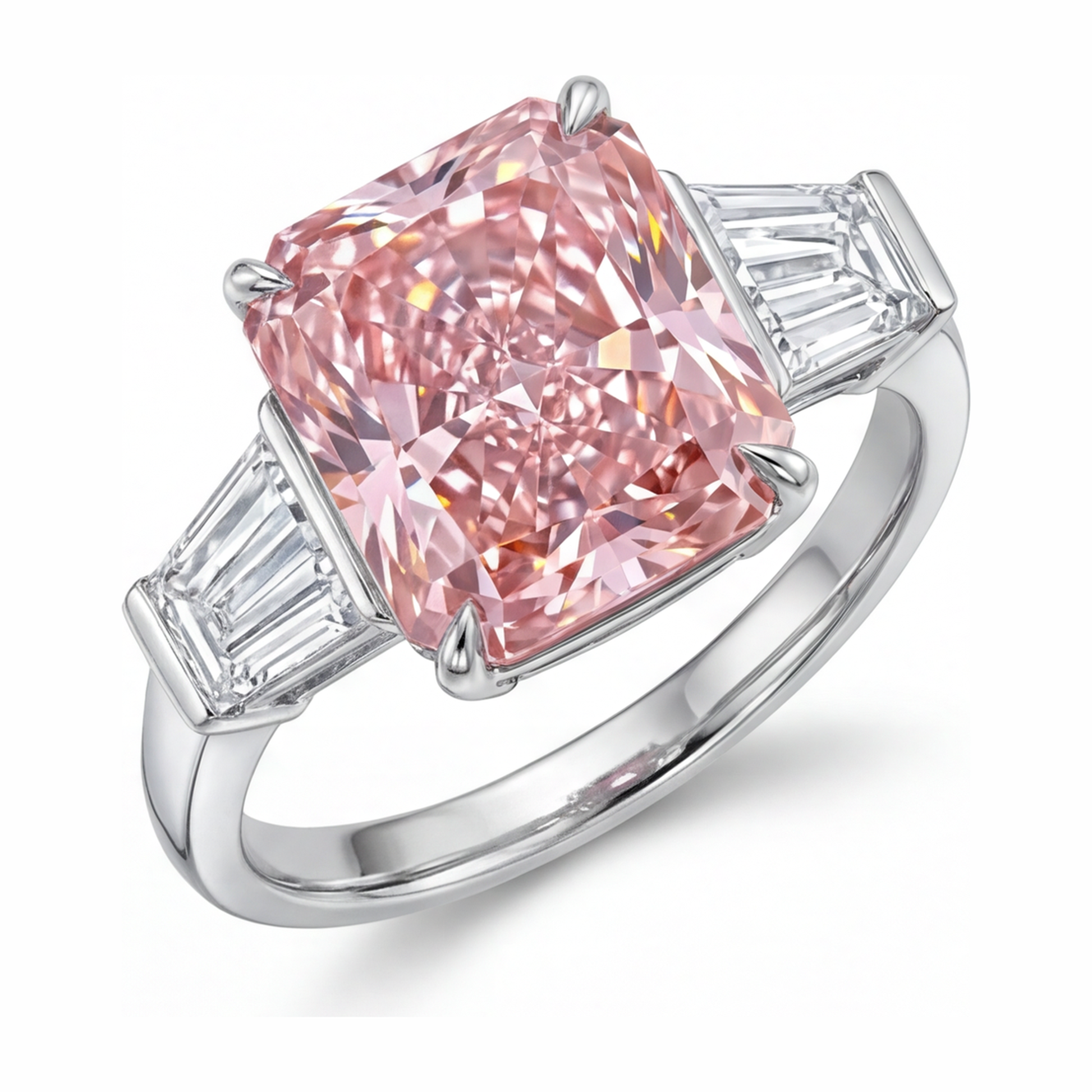 6 Carat Radiant Pink Lab Grown Diamond and White Diamond Three Stone Ring 14K White Gold