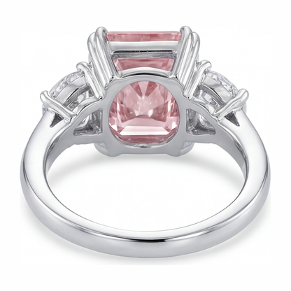 6 Carat Radiant Pink Lab Grown Diamond and White Diamond Three Stone Ring 14K White Gold