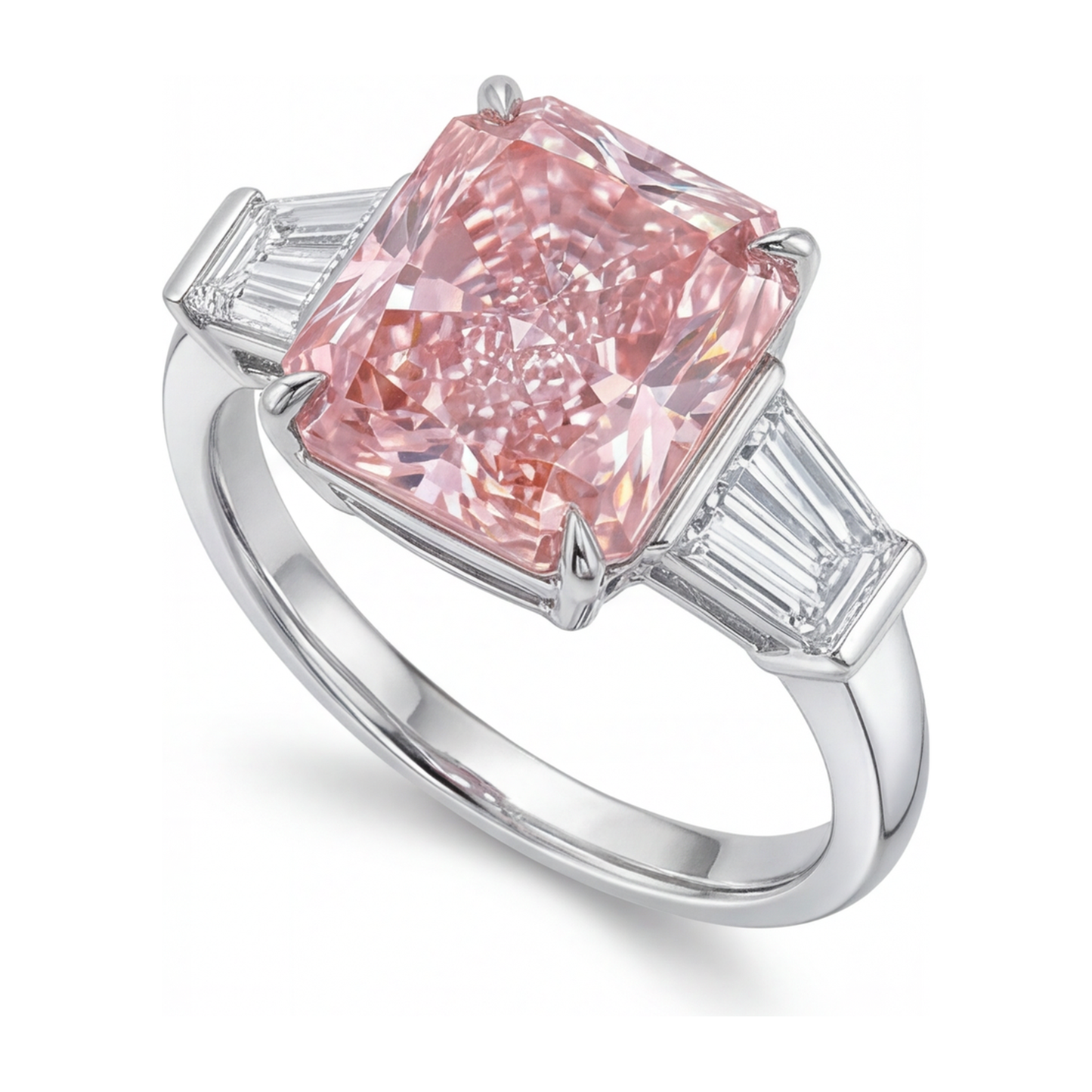 6 Carat Radiant Pink Lab Grown Diamond and White Diamond Three Stone Ring 14K White Gold