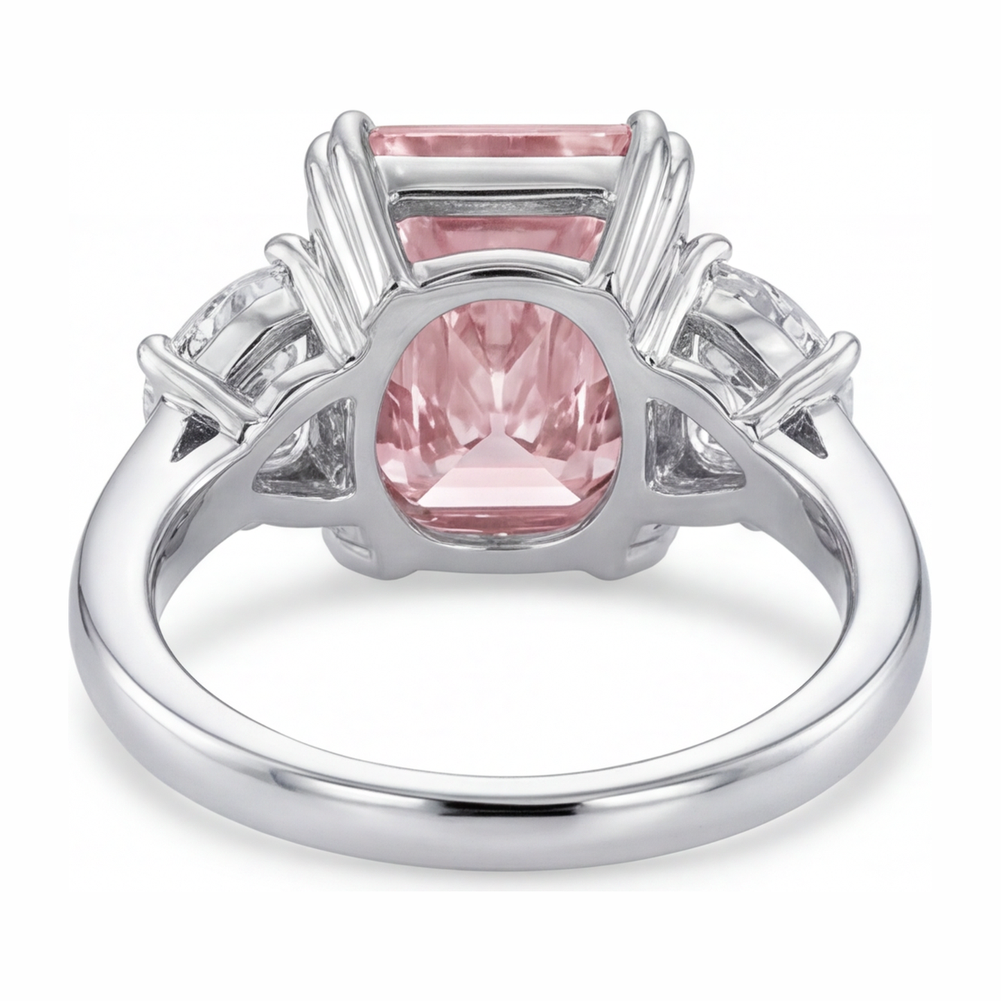 6 Carat Radiant Pink Lab Grown Diamond and White Diamond Three Stone Ring 14K White Gold