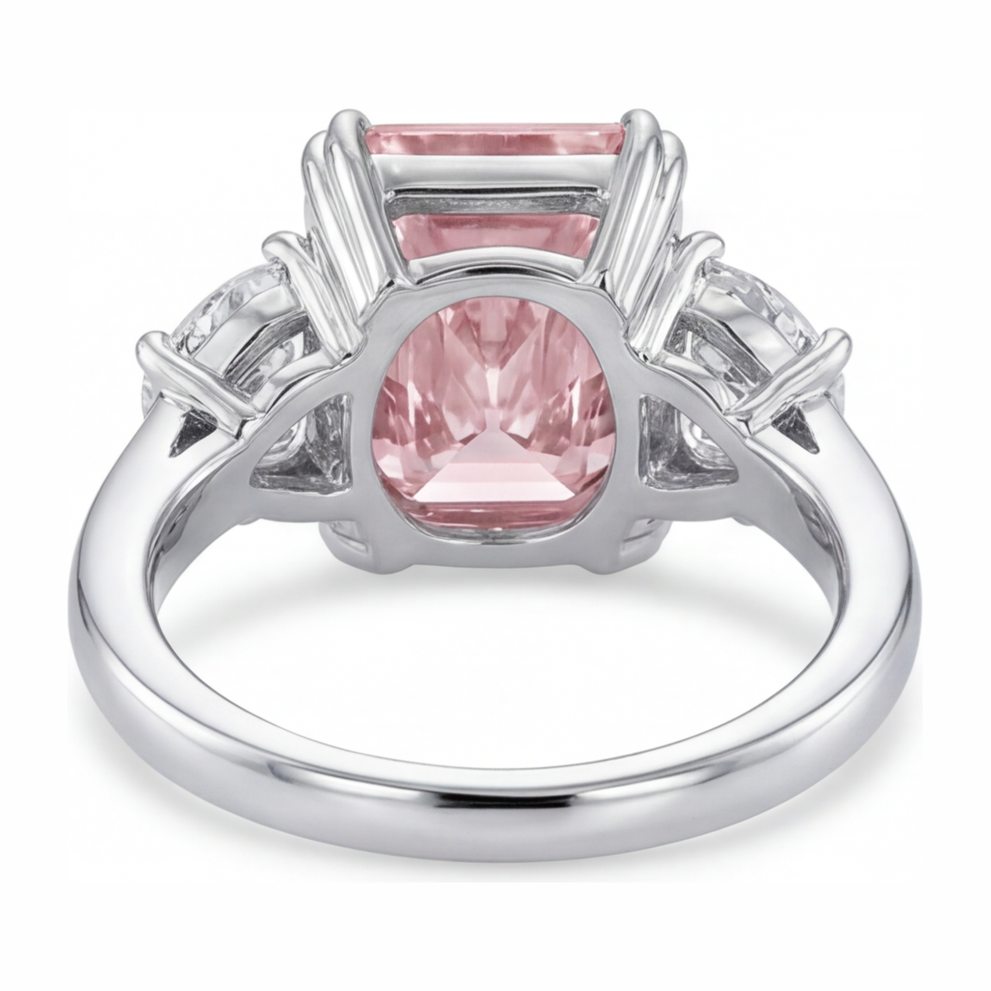 6 Carat Radiant Pink Lab Grown Diamond and White Diamond Three Stone Ring 14K White Gold