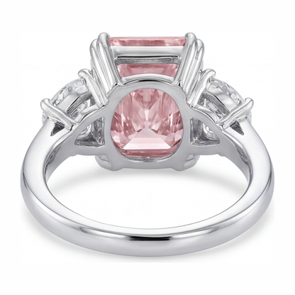 6 Carat Radiant Pink Lab Grown Diamond and White Diamond Three Stone Ring 14K White Gold