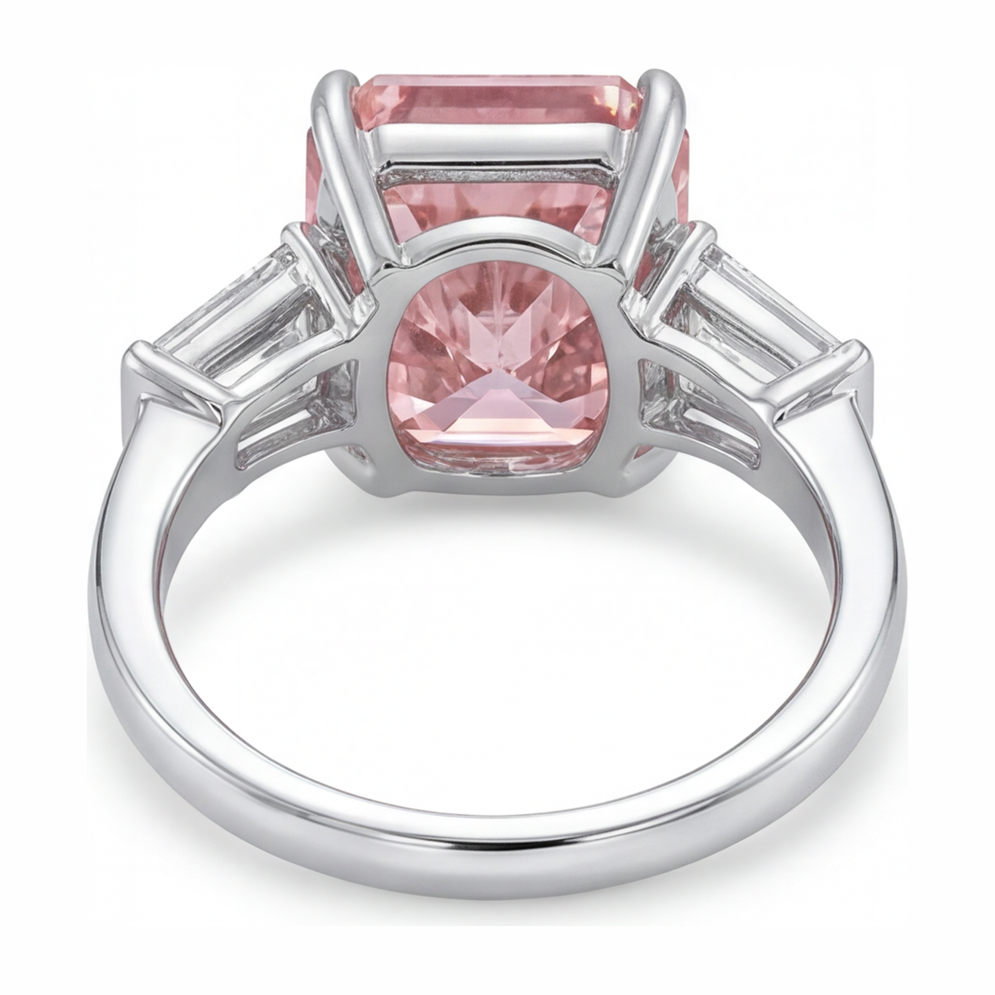 6 Carat Radiant Pink Lab Grown Diamond and White Diamond Three Stone Ring 14K White Gold