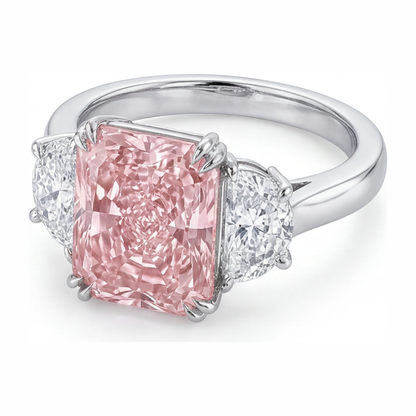 6 Carat Radiant Pink Lab Grown Diamond and White Diamond Three Stone Ring 14K White Gold