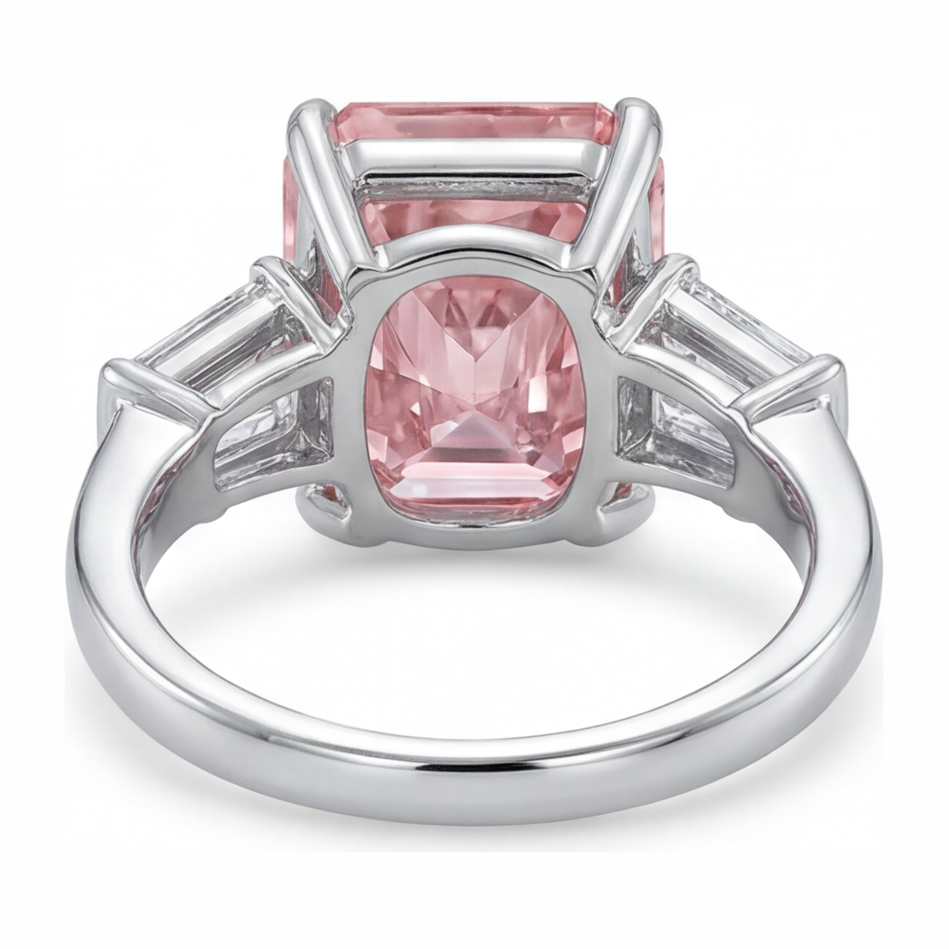 6 Carat Radiant Pink Lab Grown Diamond and White Diamond Three Stone Ring 14K White Gold