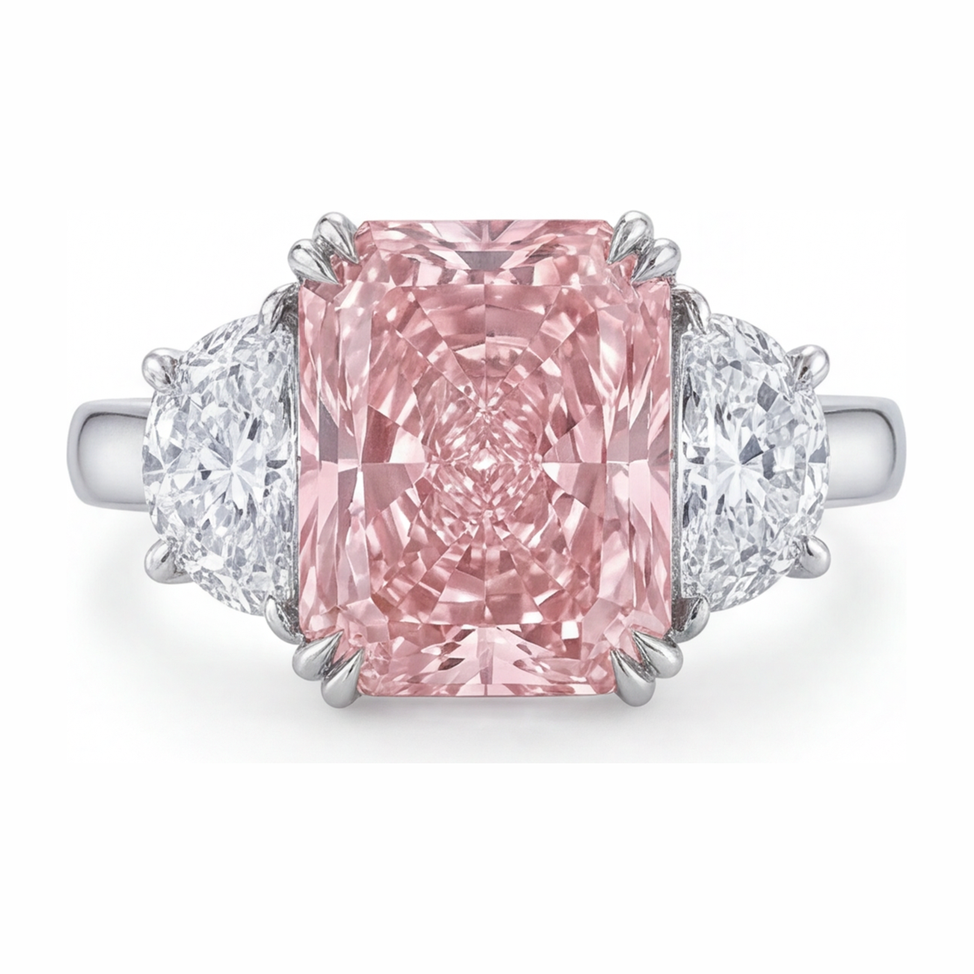 6 Carat Radiant Pink Lab Grown Diamond and White Diamond Three Stone Ring 14K White Gold