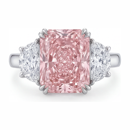 6 Carat Radiant Pink Lab Grown Diamond and White Diamond Three Stone Ring 14K White Gold