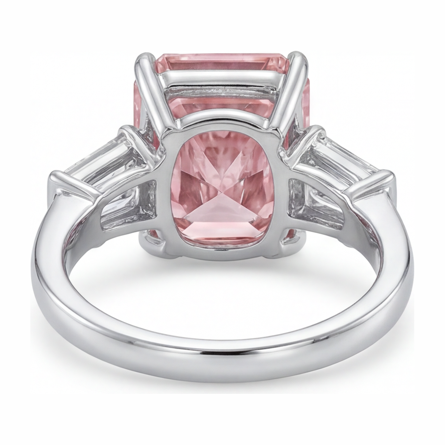 6 Carat Radiant Pink Lab Grown Diamond and White Diamond Three Stone Ring 14K White Gold