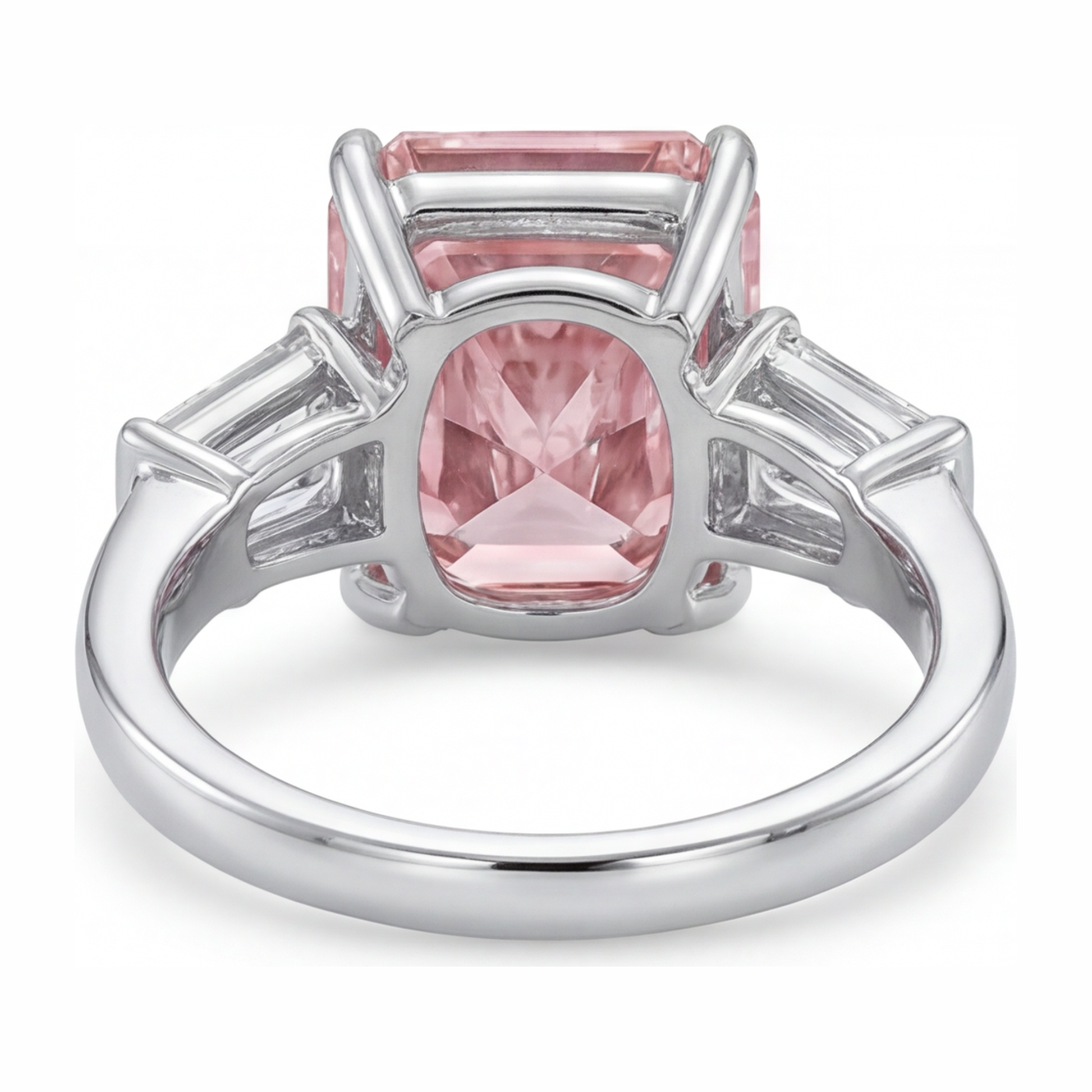6 Carat Radiant Pink Lab Grown Diamond and White Diamond Three Stone Ring 14K White Gold