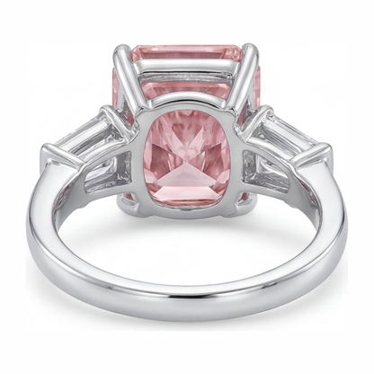 6 Carat Radiant Pink Lab Grown Diamond and White Diamond Three Stone Ring 14K White Gold