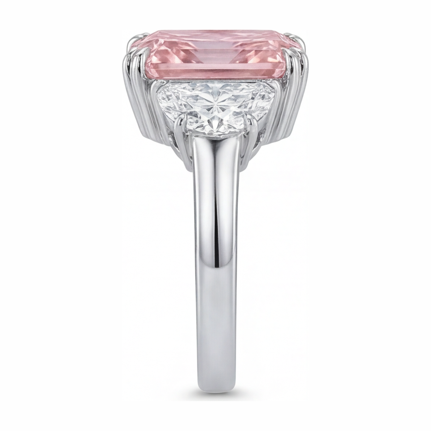 6 Carat Radiant Pink Lab Grown Diamond and White Diamond Three Stone Ring 14K White Gold