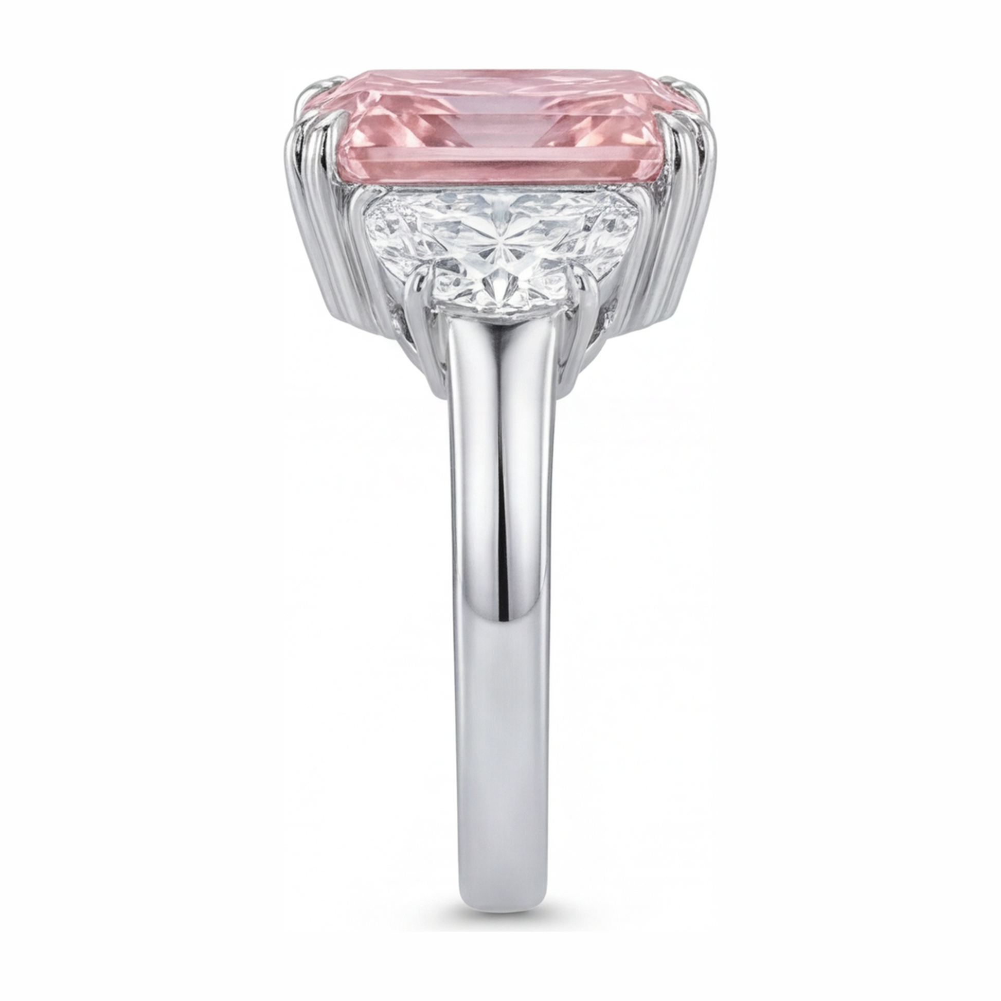 6 Carat Radiant Pink Lab Grown Diamond and White Diamond Three Stone Ring 14K White Gold