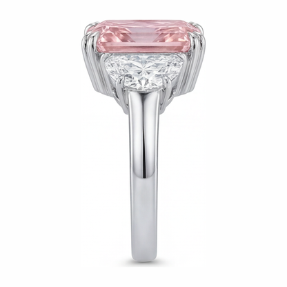 6 Carat Radiant Pink Lab Grown Diamond and White Diamond Three Stone Ring 14K White Gold